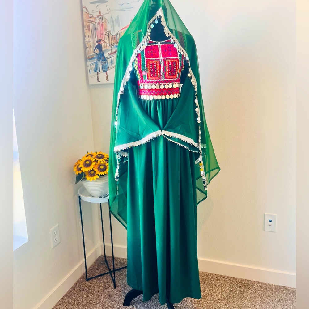 Stylish and simple long green afghani dress